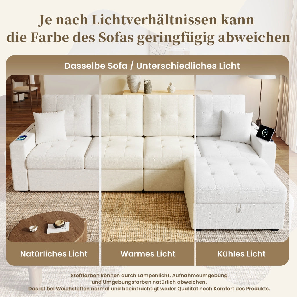 Divano angolare 4 posti in tessuto di lino beige con pouf contenitore; LED e USB Type-C 253 × 144.5 × 80.7 cm