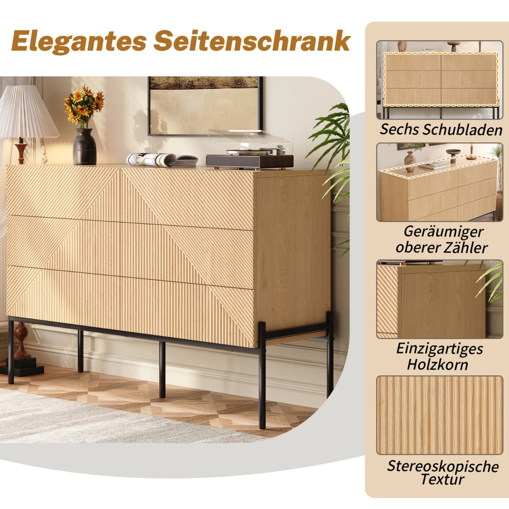 MADIA 115,5x38x75 cm MDF Naturale 6 Cassetti con Gambe in Ferro