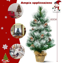 Mini Albero di Natale 60 cm, Albero di Natale Piccolo con 48 Rami, 8 Pigne, Base in Cemento e Lino, Albero di Natale Innevato da Tavolo per Casa e Ufficio, Verde
