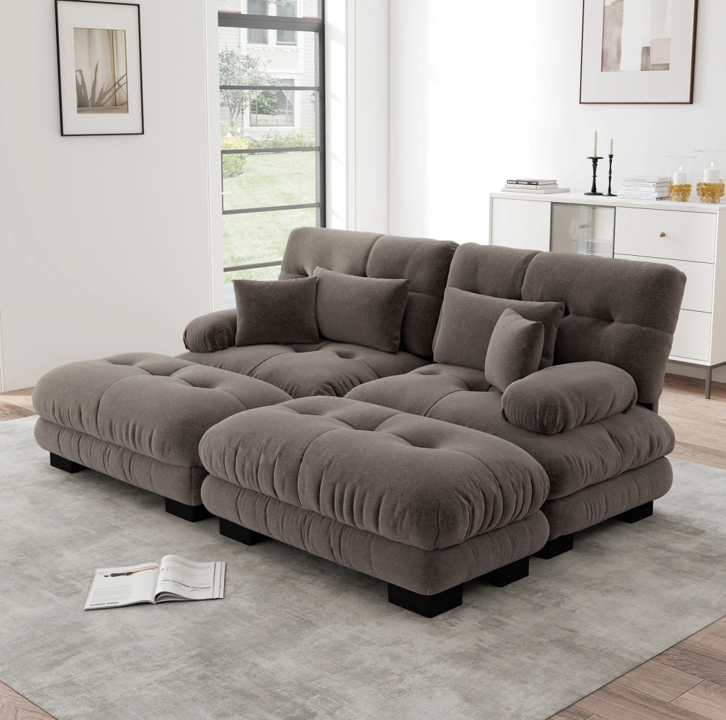 Divano modulare in ciniglia marrone con 2 pouf e cuscini HOMVRA