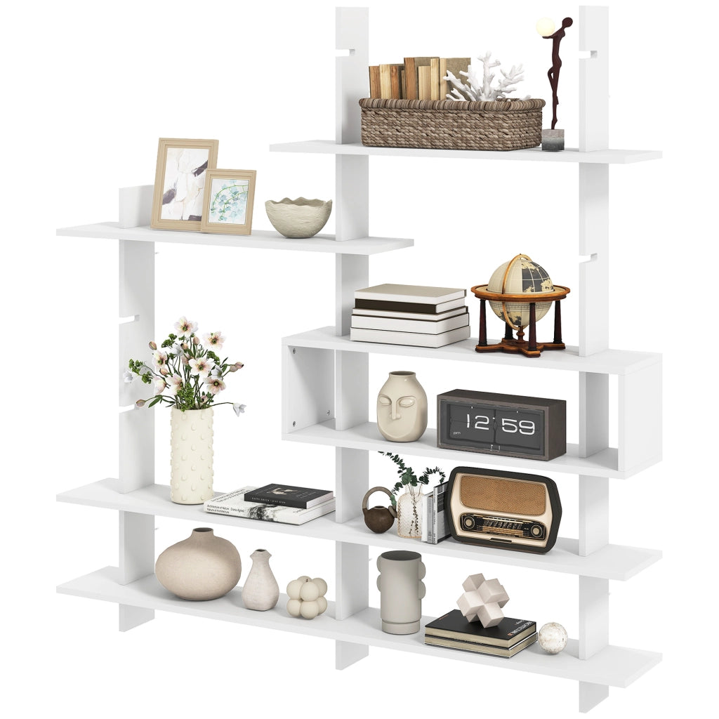 Libreria da Parete Geometrica con 4 Ripiani e Cella Centrale 136x20x140 cm Bianca