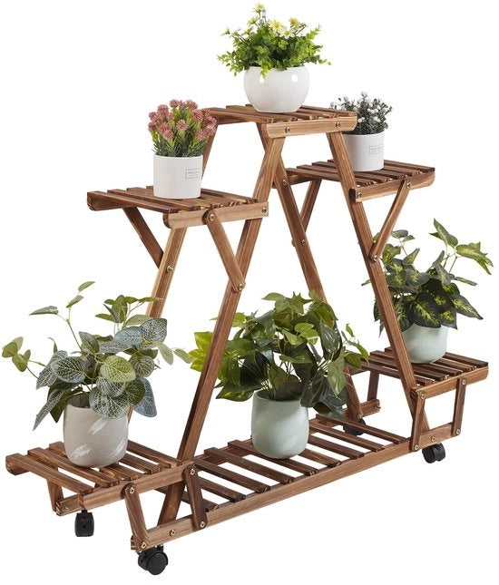 Carrello per piante su ruote - Comò per la scala - Piante - Forma triangolare - Armadio a scalini - 6 Pannelli - 6 Livelli - Legno - Interno/esterno