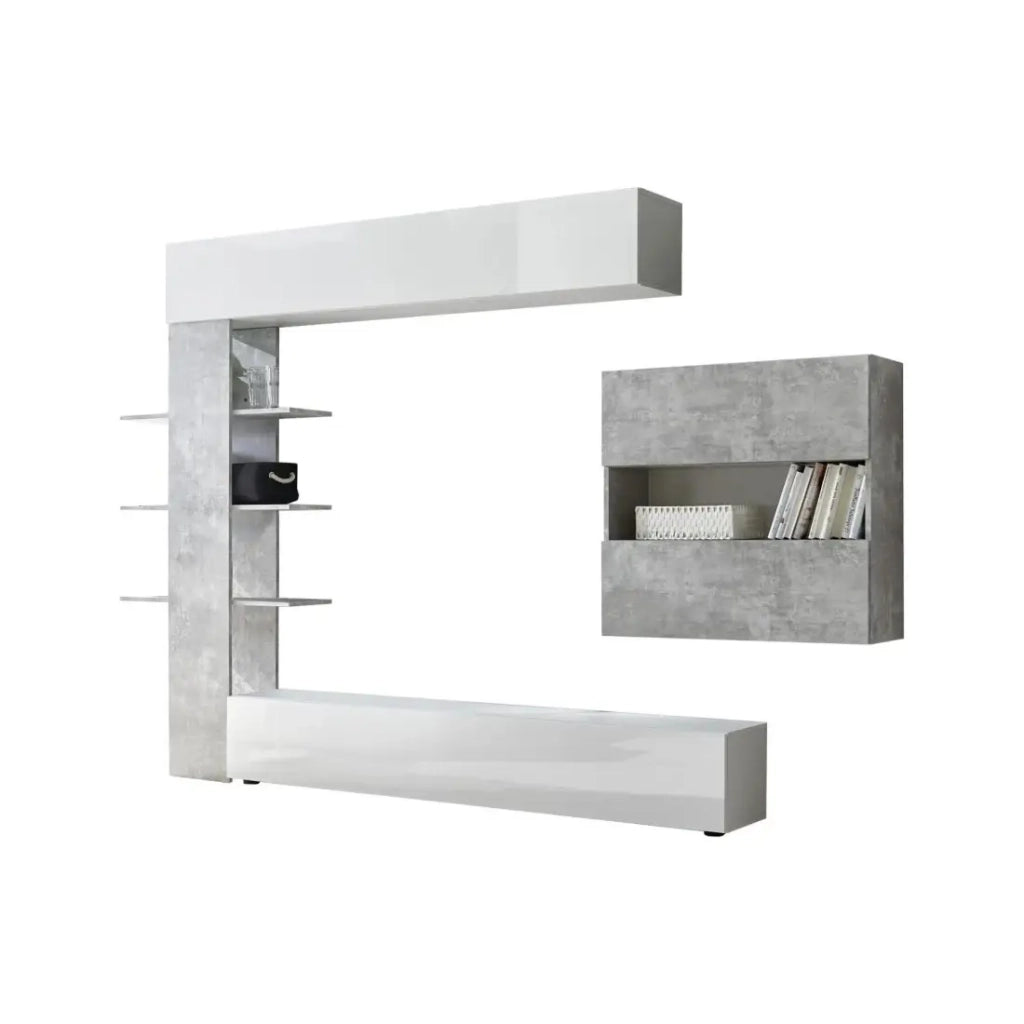 Set di mobili da soggiorno con contenitori, collezione VASCO, bianco lucido/grigio effetto cemento
