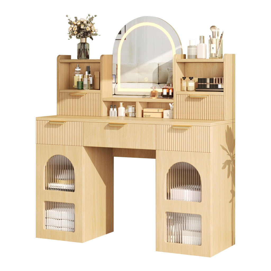 Scrivania Toeletta con Specchio e LED ¨C MINIMAL ¨C Legno, 3 Cassetti, 120x40x139