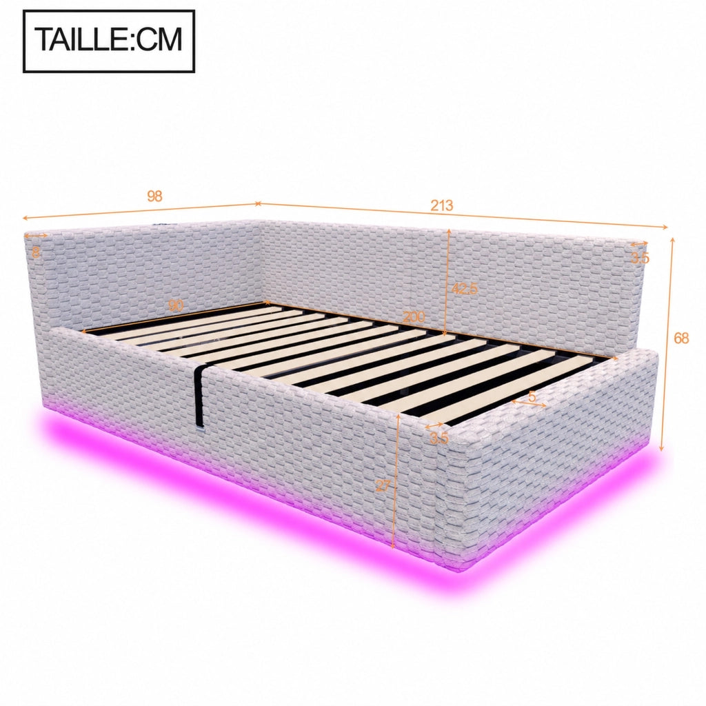 DESMIU Letto adulto 90 × 200 cm con contenitore idraulico, LED, 2 USB, Type-C, senza materasso, velluto grigio