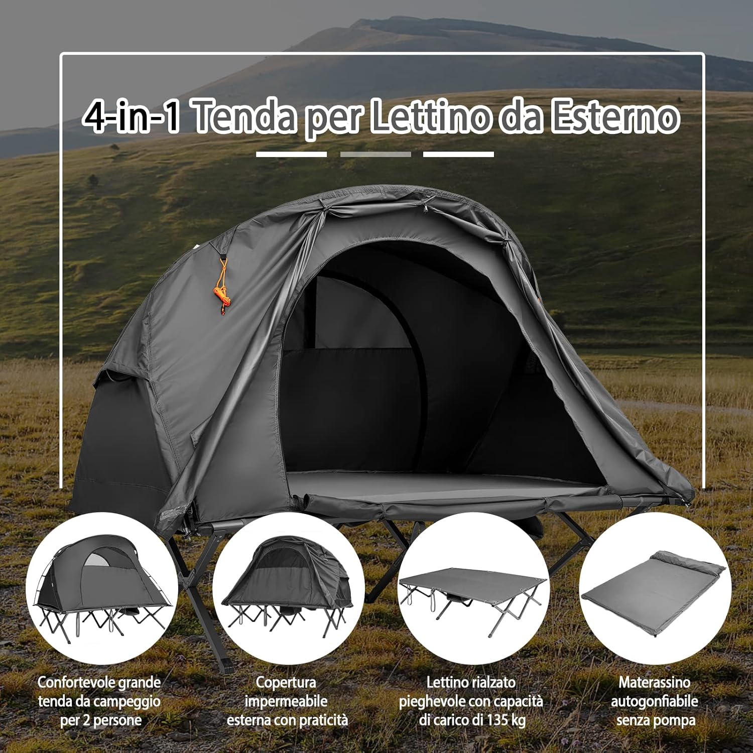 Tenda da Campeggio 4 in 1 con Letti, Copertura Esterna Impermeabile, Materasso a Gonfiaggio Automatico e Borsa di Trasporto con Rotelle, per Campeggio Arrampicata All'aperto Viaggio, Grigio