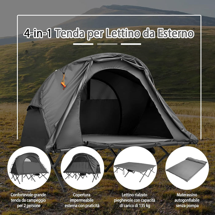 Tenda da Campeggio 4 in 1 con Letti, Copertura Esterna Impermeabile, Materasso a Gonfiaggio Automatico e Borsa di Trasporto con Rotelle, per Campeggio Arrampicata All'aperto Viaggio, Grigio