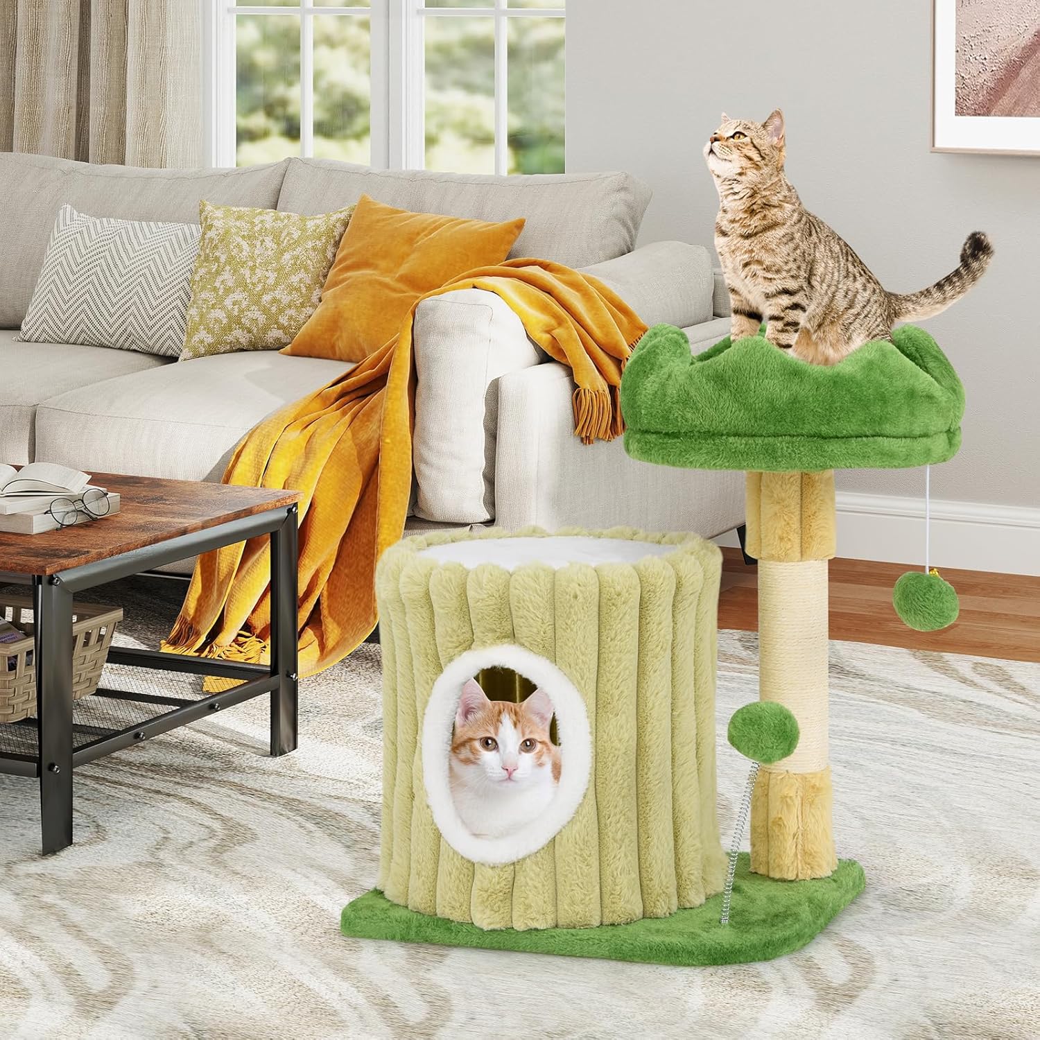 Tiragraffi per Gatti 50 x 41 x 54 cm, Torre Moderno con Pali in Sisal, Piattaforma Imbottita e Pallina Penzolante, Cuccia per Animali Domestici, Verde e Naturale