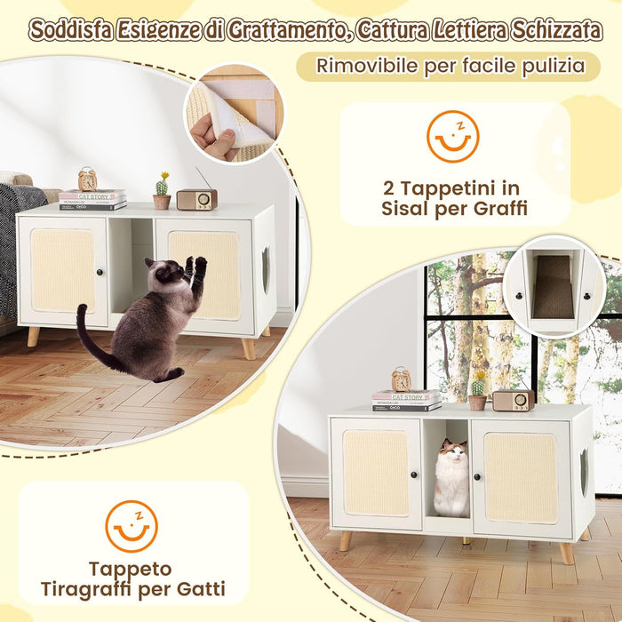Lettiera Chiusa per Gatti 108 x 50 x 60 cm, Mobile per Lettiera Nascosta per Gatti con 2 Tappetini in Sisal e Ingresso a Forma di Testa di Gatto, Casetta per Animali Domestici (Bianco)