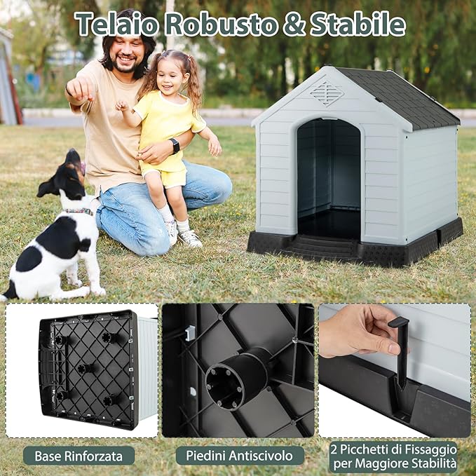 Cuccia per Cani da Esterno ed Interno, Cassetta Impermeabile e Ventilata con Valvole d’Aria e Pavimento Rialzato, per Cani di Piccola e Media Taglia (Grigio, 70 x 65 x 71,5 cm)