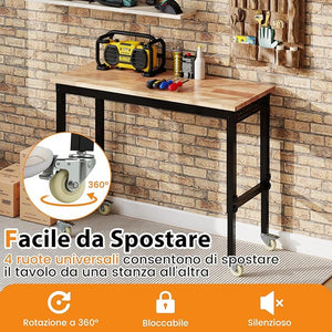 Banco da Lavoro Regolabile in Altezza 74-104 cm, Tavolo da Lavoro in Legno di Gomma, con Ruote Bloccabili, 2 Pannelli Laterali Forati, Stazione di Lavoro per Officina, Garage, Capacità 1100 kg