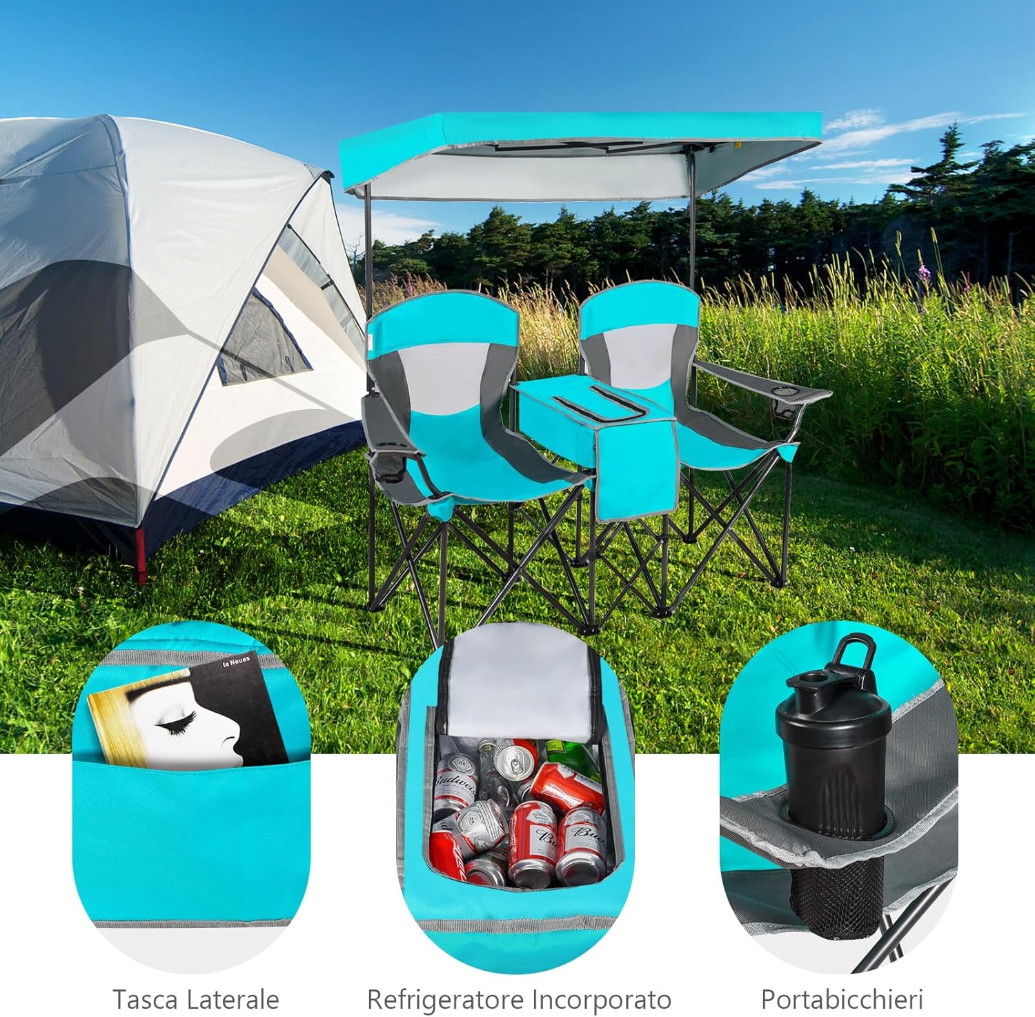 Sedie da Campeggio Pieghevoli, Panchina da Picnic a 2 Posti Regolabile con Tettoia, Sedia Portatile e Pieghevole per Campeggio, Spiaggia, Giardino (Blu Marino)