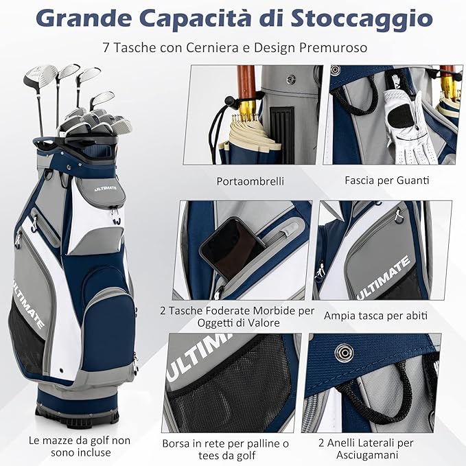 Borsa da Golf Portatile con 14 Divisori Superiori a Tutta Lunghezza, 7 Tasche con Cerniera, Cappuccio Antipioggia, Tracolla, Manico e Portaombrelli, Ideale per Uomini e Donne (blu e grigio)