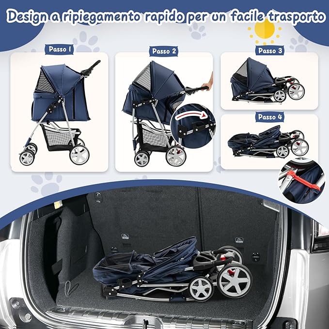 Passeggino per Cani Piccoli Pieghevole, Fino a 15 kg, Ruote 360° con Freni, Cuscino, Porta Doppio, Finestre, Cestino, Portabicchieri, Carrozzina Portatile (Blu)