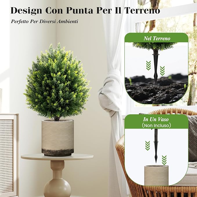 Set di Alberi Sferici Artificiali di Cipresso 61 cm, 2 Pezzi di Arbusti Finti di Cedro con Picchetto per Terreno, Piante Ornamentali Finte Resistenti al Sole per Decorazione Interna & Esterna
