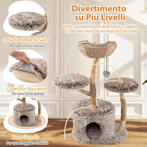 Albero per Gatti in Legno di Pero 105cm, Torre per Gatti con Tiragraffi in Sisal, Piattaforme e Pallina Pendente, Cuccia per Animali Domestici