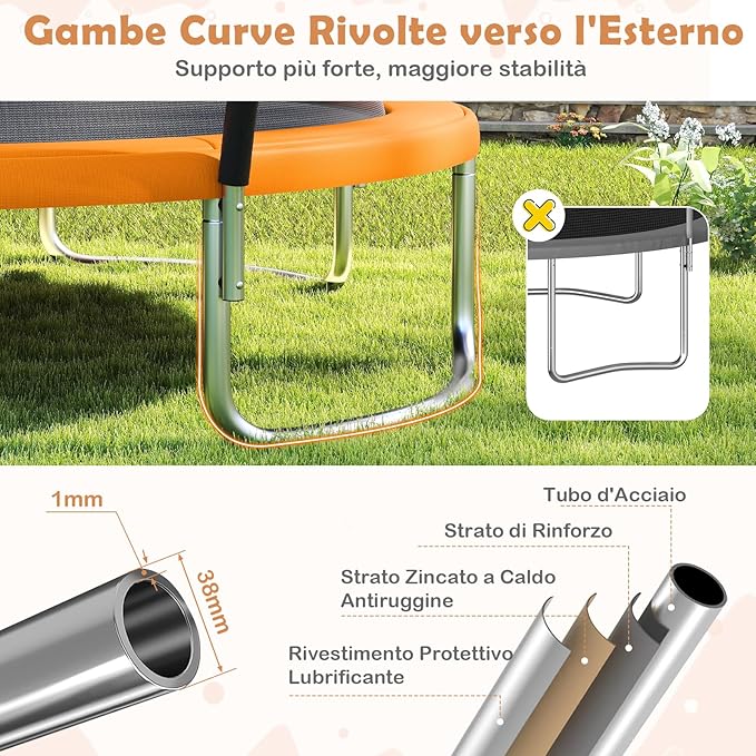 Trampolino Elastico per Bambini e Adulti 244 cm/305 cm/366 cm, Tappeto Elastico da Esterno con Rete di Sicurezza, Scala e Telaio in Acciaio Zincato Antiruggine