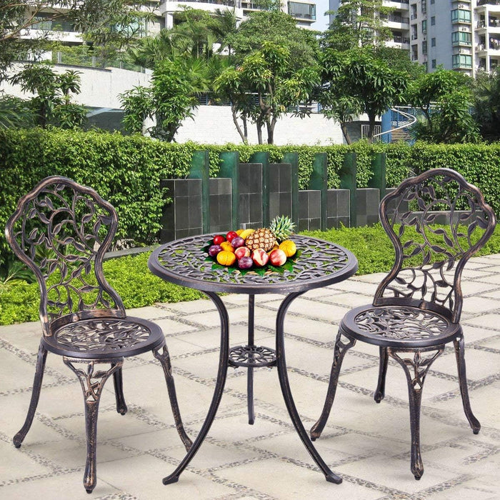 Tavolo da Giardino con Sedie in Fusione di Alluminio, Mobili da Esterno con 1 Tavolino Rotondo e 2 Sedie, Ideale per Balcone, Piscina, Cortile e Giardino