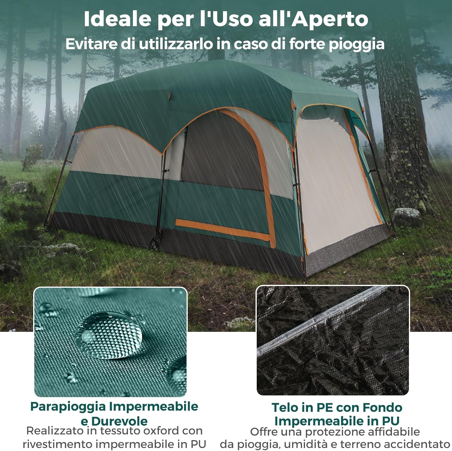 Tenda da Campeggio con Divisorio, Tenda a Doppio Strato con Telo Antipioggia, Telo in PE, Finestre a Rete, Impermeabile e Antivento, con Borsa