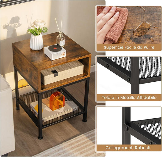 Scaffale per Cucina in Acciao Legno a Ripiani Carrello per Microonde Scaffalature Fioriera Salvaspazio, per Cucina e Soggiorno, Vintage (2 Ripiani + Cassetto)