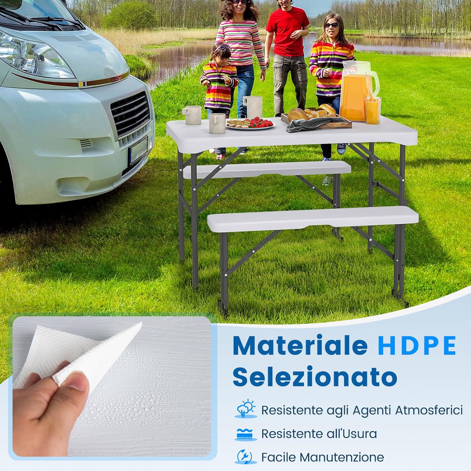 Tavolo e Sedie da Giardino, Set Tavolo da Picnic Pieghevole con 2 Panchine, Piano in HDPE, Struttura in Metallo, Tavolo da Picnic per 4 Persone, 108 x 60 x 70 cm