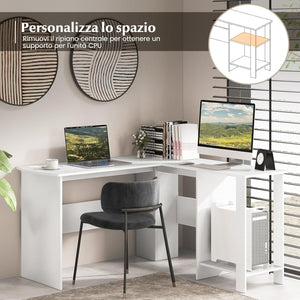 Scrivania Angolare per Computer con Ripiani, Scrivania Porta PC in Legno, Scrivania Salvaspazio e Moderna per Ufficio e Studio, 130 x 130 x 72,5 cm (Bianco)