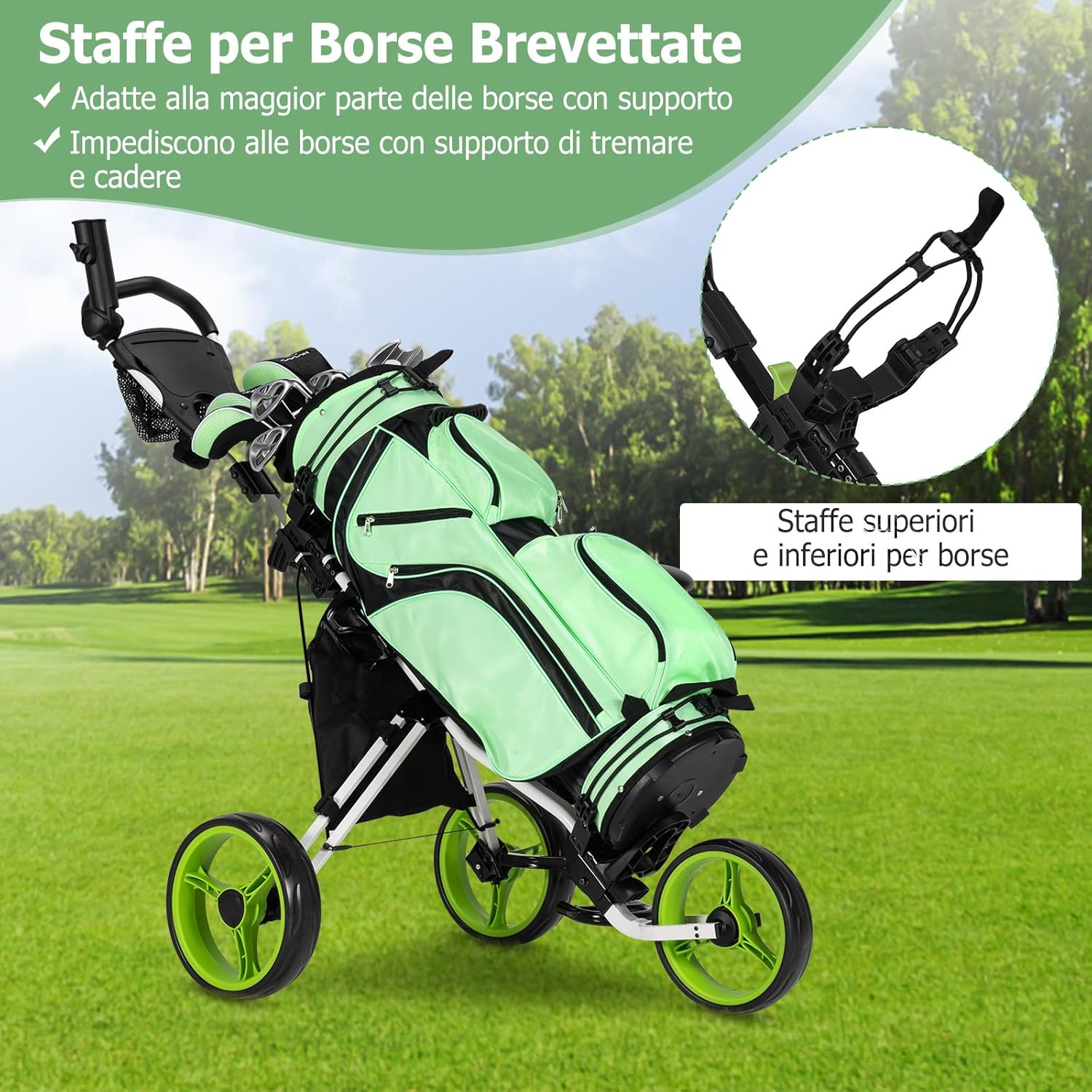 Carrello da Golf Pieghevole con 3 Ruote, Trolley da Golf Altezza Regolabile di Alluminio con Sedile, Porta Ombrello e Porta Bevande