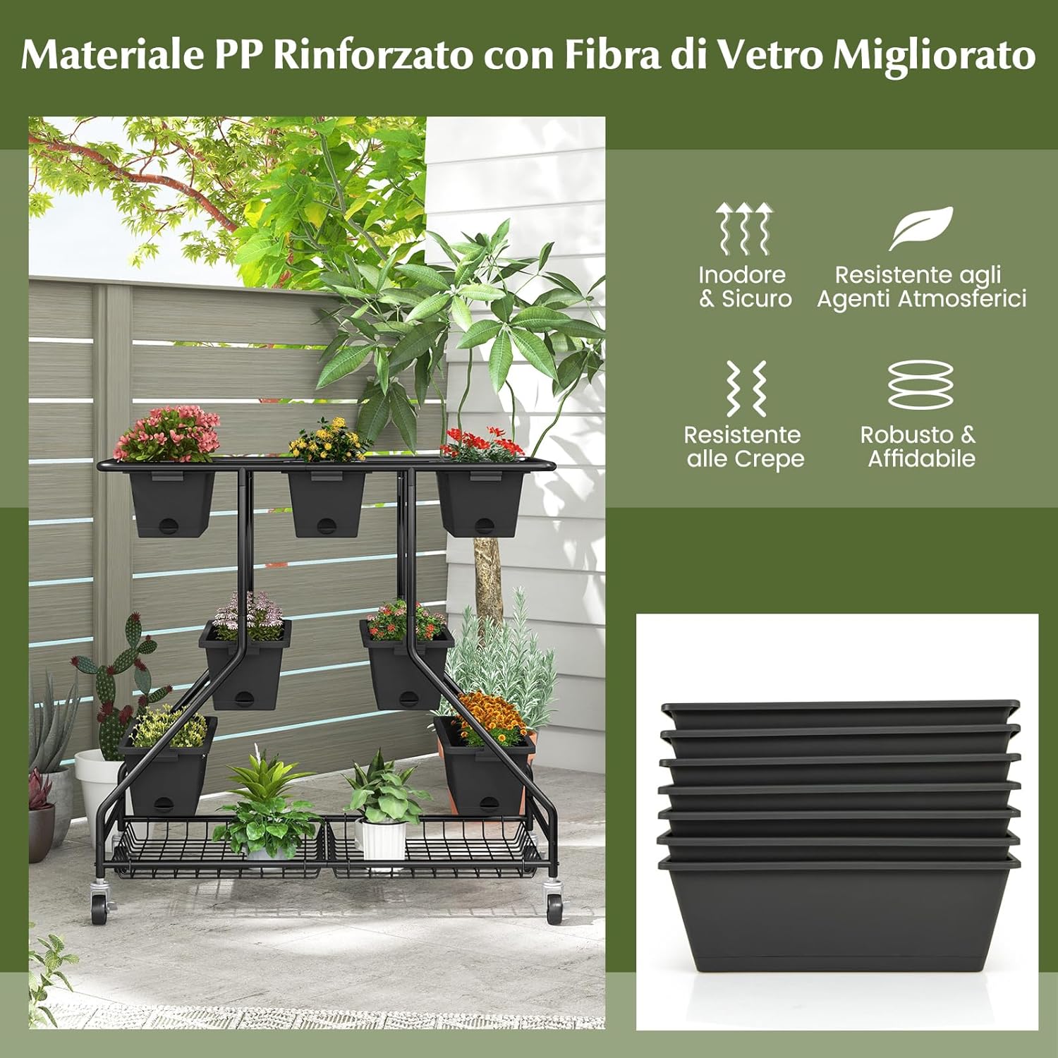 Letto da Giardino Verticale Sollevato con 7 Vasi, Cestini di Stoccaggio, Fori di Drenaggio e 4 Ruote Bloccabili, Scaffale Portafiori da Esterno ed Interno, Piantatore Elevato a 3 Livelli per O
