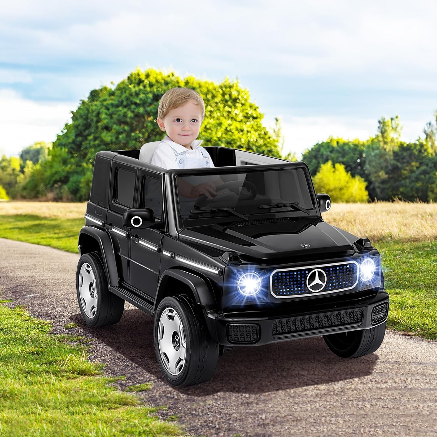 Benz Auto Cavalcabile per Bambini, Veicolo Elettrico 4WD con Telecomando Luci Musica e Clacson, Sospensione a Molla, 3-5 KM/H, per 37-96 Mesi (Nero)