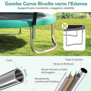 Trampolino Elastico per Bambini e Adulti 244 cm/305 cm/366 cm, Tappeto Elastico da Esterno con Rete di Sicurezza, Scala e Telaio in Acciaio Zincato Antiruggine