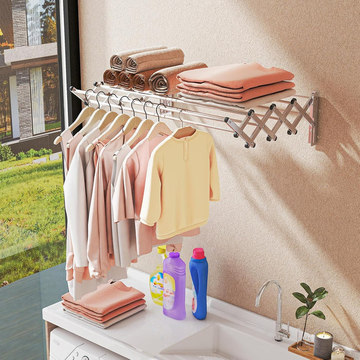 Stendibiancheria da Parete con 8 Aste in Acciaio Inox, Stendino da Parete per Bagno/Lavanderia, Stendino a Muro Richiudibile e Salvaspazio, Argento (50-86 x 63 x 22 cm)