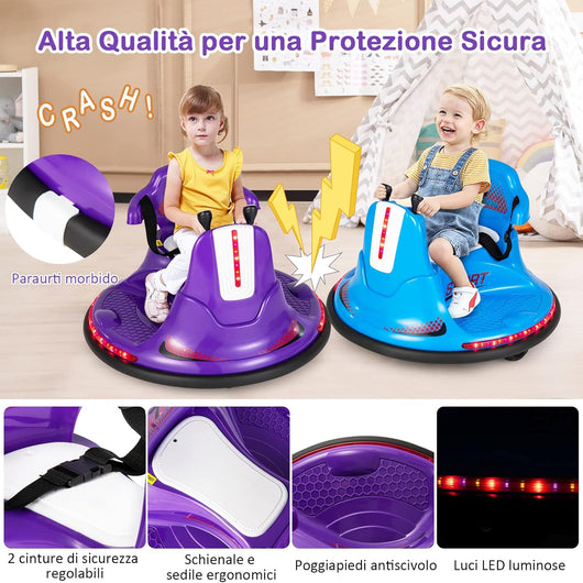 6V Autoscontro Elettrico per Bambini, Veicolo Elettrico con Telecomando, Girevole a 360°, Luci LED Colorate e Cintura di Sicurezza Regolabile, 37-95 Mesi (Viola)