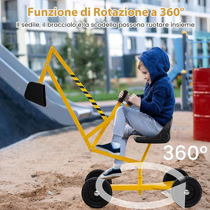 Ruspa Giocattolo per Bambini, Escavatore Cavalcabile con Controlli a 2 Mani Pala Flessibile, Sedile Rotabile a 360°, 4 Ruote, Ideale per Bambini 3 Anni+