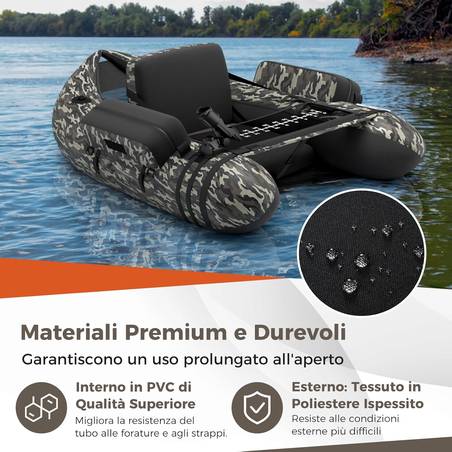 Belly Boat da Pesca Portatile, Gommone Gonfiabile da Pesca con Porta Canne Regolabile, Pompa, Pagaia in Alluminio, Spallacci e Kit di Riparazione, Barca da Mare con 2 Pinne, capacità 160kg