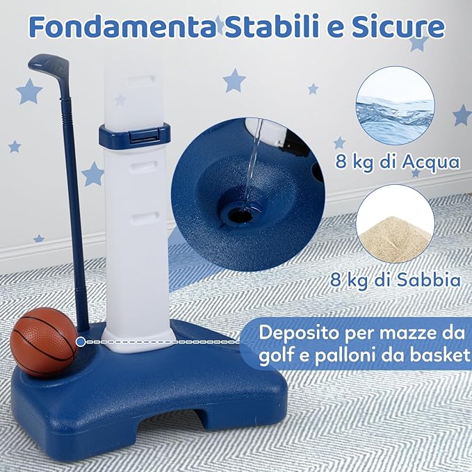 4 in 1 Pallacanestro per Bambini, Canestro da Basket Regolabile con Gioco dell'Anello, Palla Appiccicosa e Set da Golf, 53x51x100-140 cm