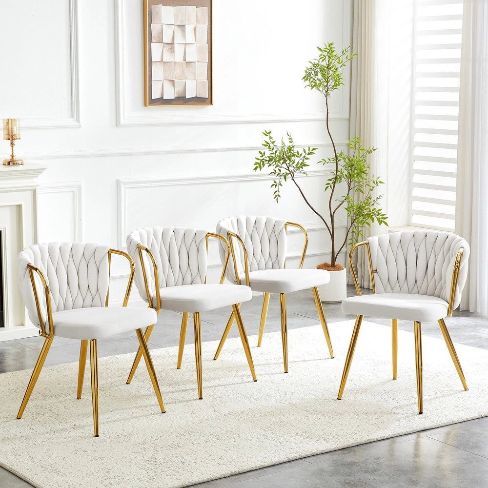 Sedia da Pranzo Imbottita con Schienale Intrecciato ¨C MINIMAL ¨C Velluto Crema, Gambe in Metallo Dorato