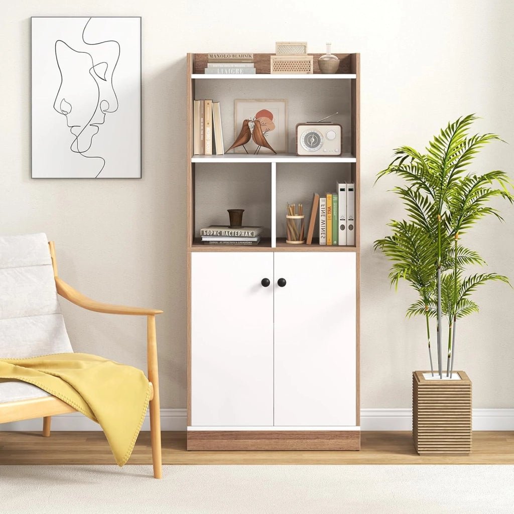 Libreria Scaffale con 2 Ante di Stoccaggio, Libreria Salvaspazio Moderna con 4 Ripiani in Legno Aperti, Mobile Alto Ufficio, per Soggiorno, Camera da Letto, 60 x 30 x 140 cm