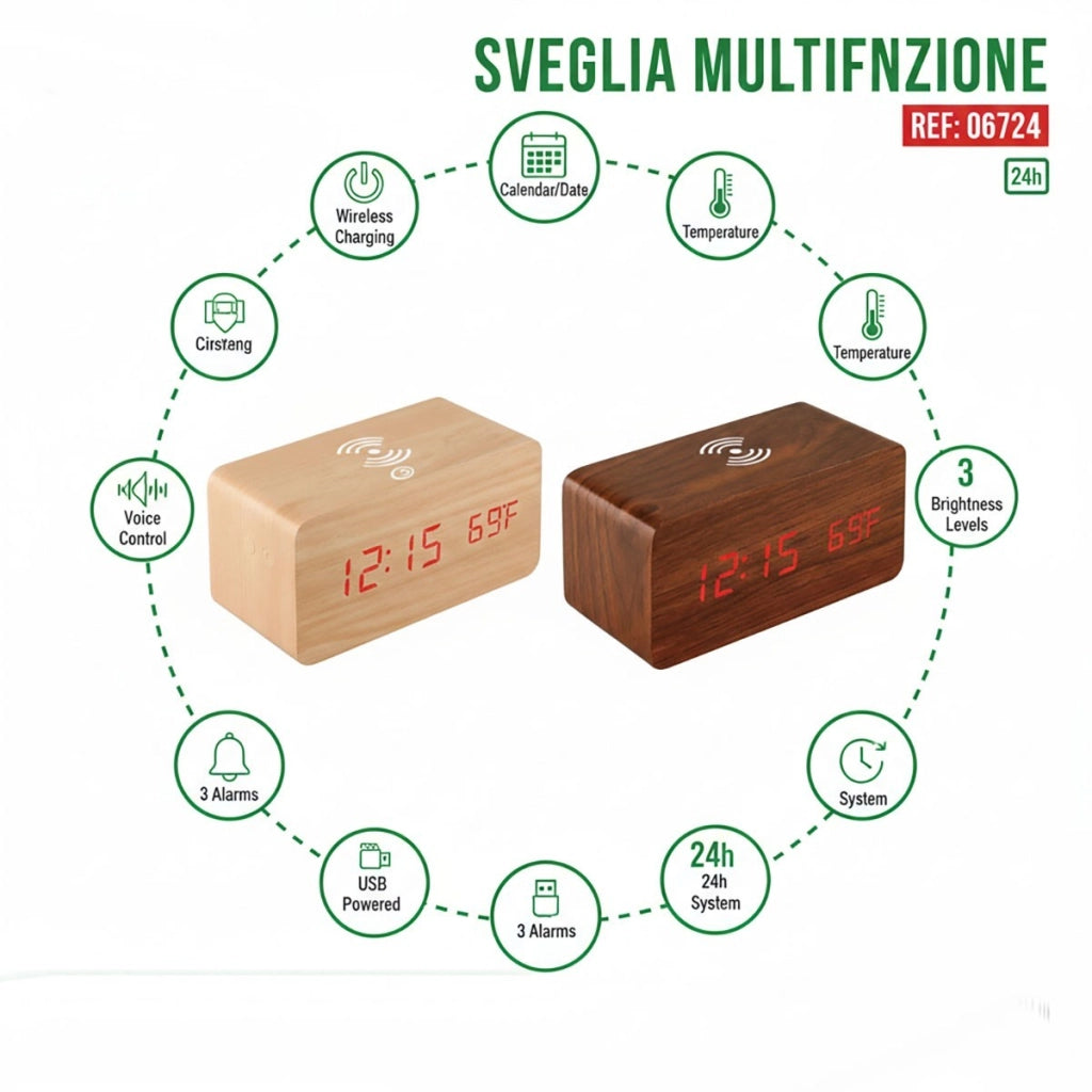 SVEGLIA DIGITALE MULTIFUNZIONE LEGNO LED RICARICA WIRELESS TEMPERATURA 06724