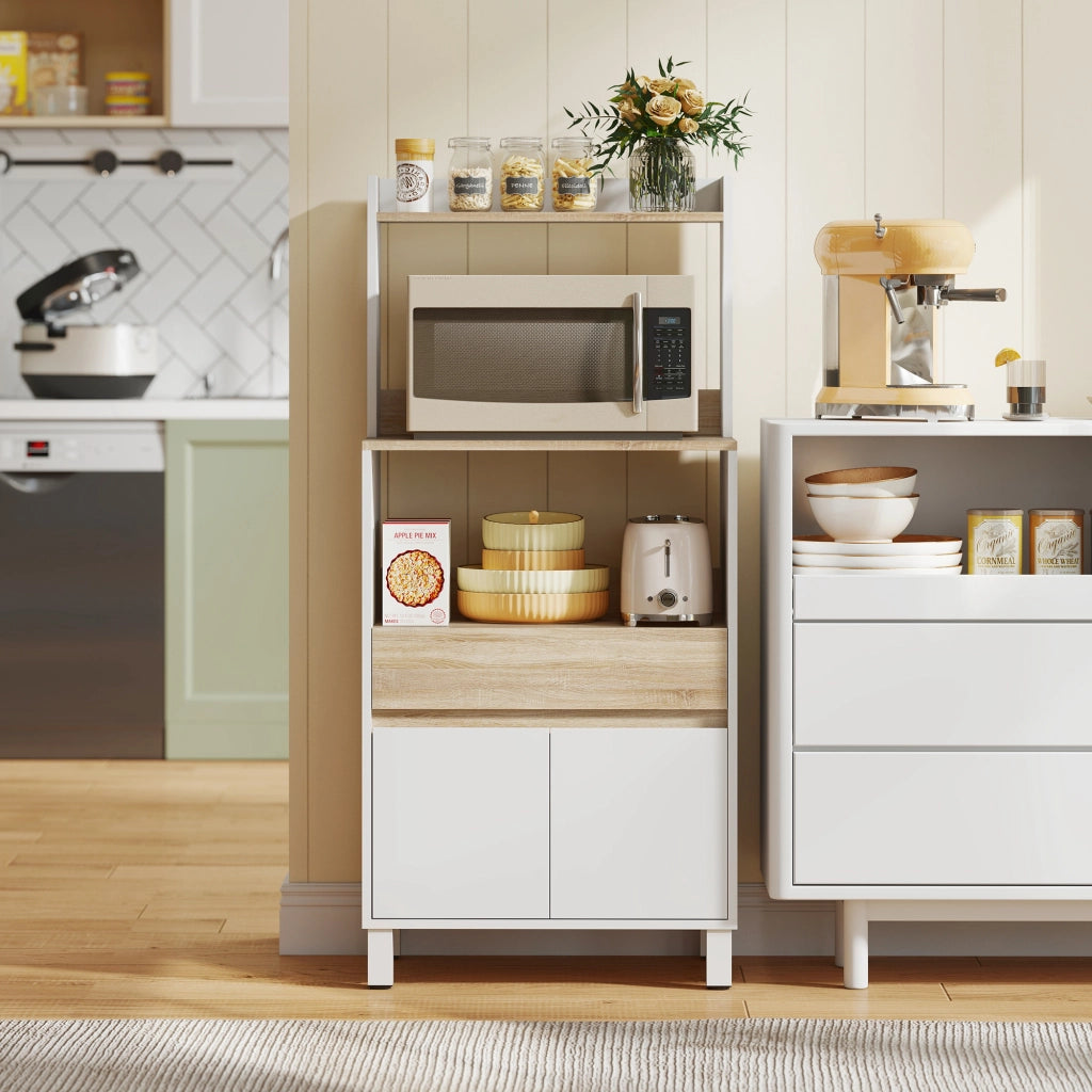 Buffet Cucina con Ante, Cassetto e Ripiano Superiore ¨C Zephmum ¨C Quercia e Bianco 60x40x131 cm