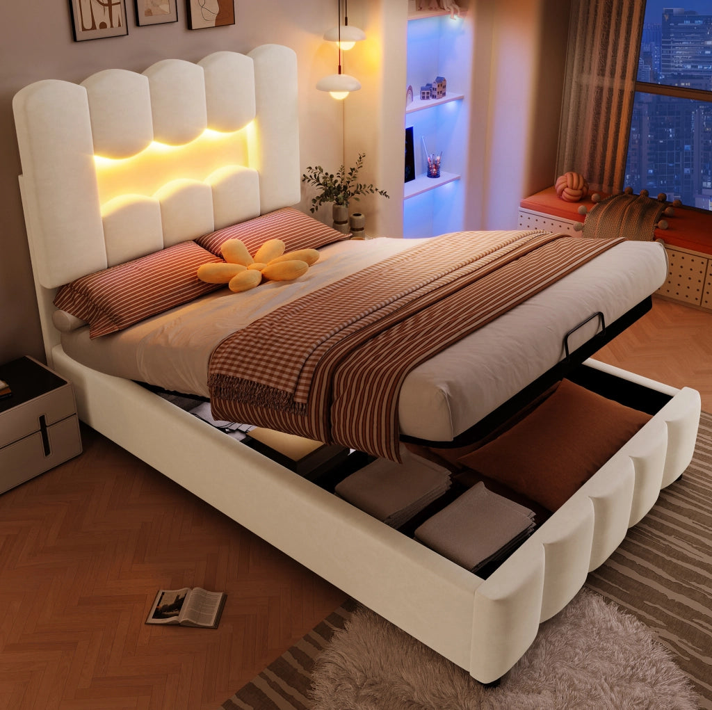 Letto imbottito 90x200 cm con contenitore idraulico; LED e testiera regolabile in velluto beige
