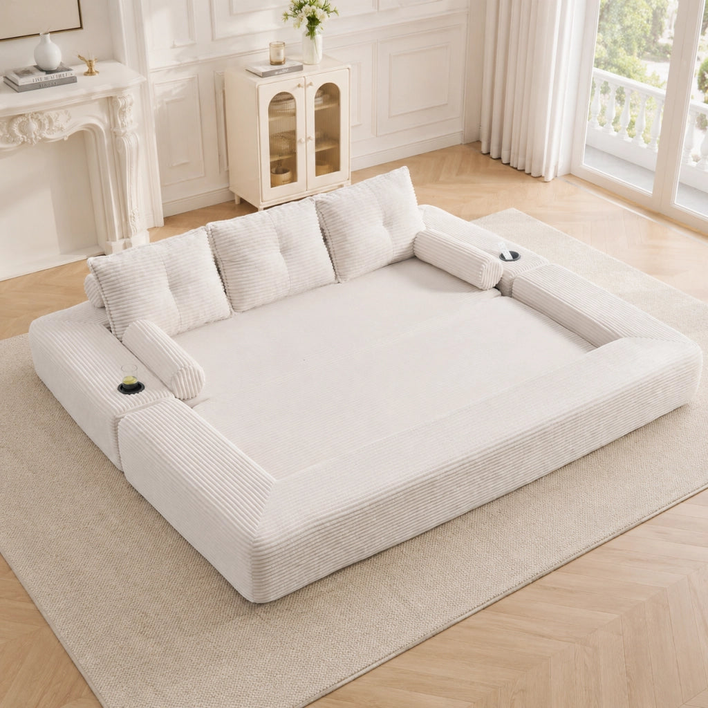 Divano letto modulare in corda con tasche laterali, portabicchieri e cuscini memory per soggiorno, beige