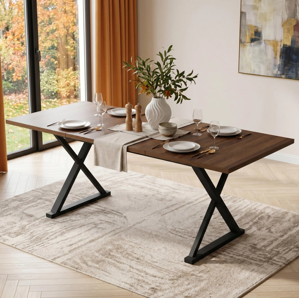 Tavolo da pranzo 180x90x75 cm in MDF con gambe in metallo a X; noce