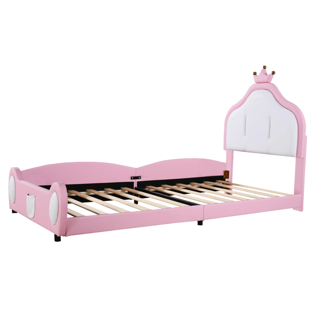 Letto imbottito per bambini 90x200 cm con testiera a corona; bianco e rosa
