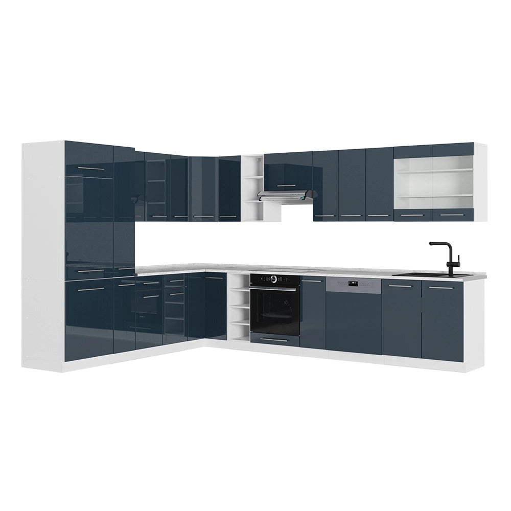 Cucina angolare completa Fame-Line Blu scuro lucido/Bianco 347 x 257 cm, PL Marmo Vicco
