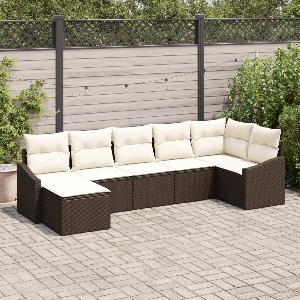 Set da Giardino 7 Pezzi con Cuscini Marrone Rattan Sintetico