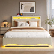 DESMIU Letto contenitore 140 × 200 cm 2 posti con LED regolabile, USB, USB-C e vano, senza materasso, beige
