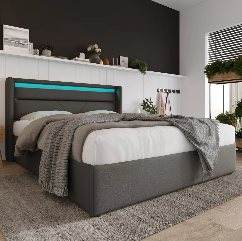 Letto imbottito 140x200 cm con contenitore; LED e sollevamento idraulico; PU grigio