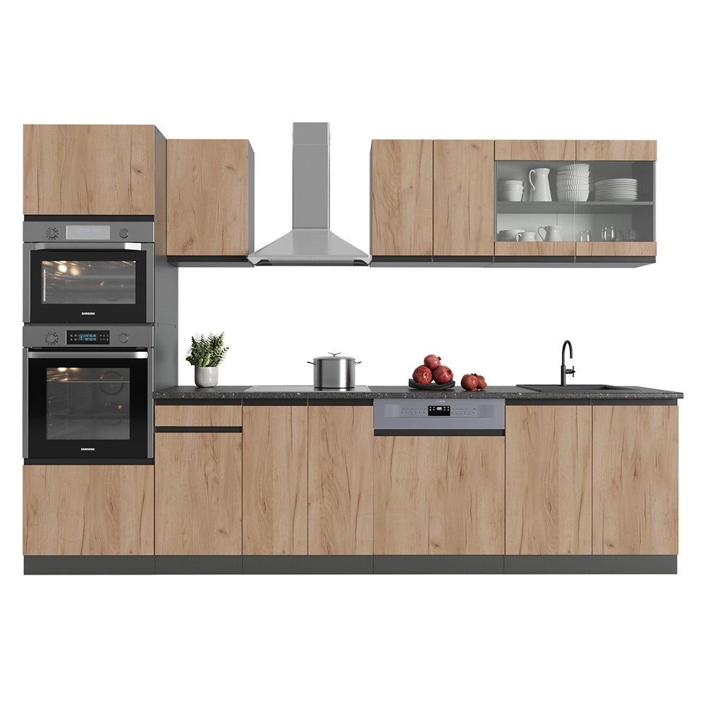 Cucina componibile R-Line Rovere dorato/Antracite 300 cm J-Shape con armadio alto, PL Rovere Vicco