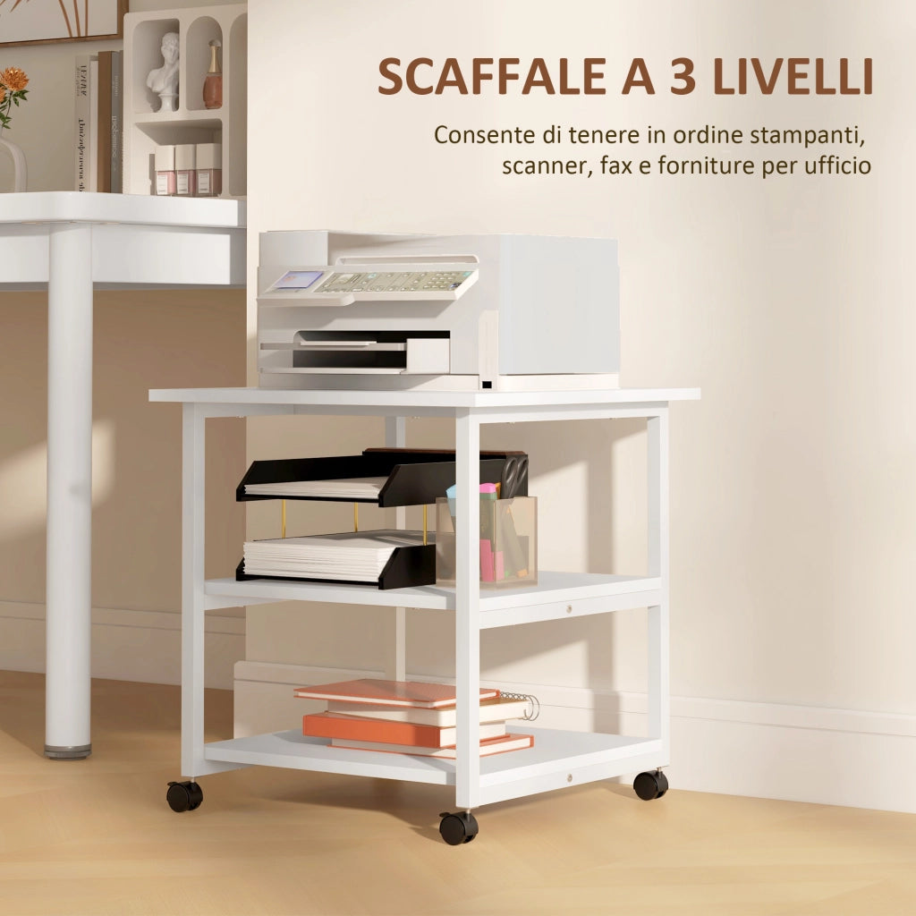 Carrello Porta Stampante a 3 Ripiani con 4 Ruote. Legno e Acciaio. 50x50x52.5cm. Bianco
