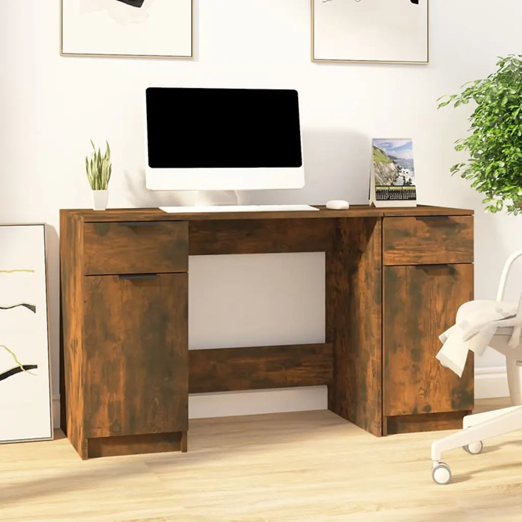 Scrivania | Tavolo da Ufficio con Mobile Laterale Rovere Fumo in Legno Multistrato